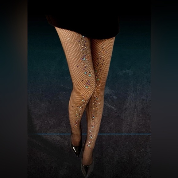 New Women's Rhinestone Black Net Mesh Stretch Transparent Stockings Tights - Picture 2 of 3